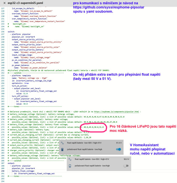 Přepínání float napětí měniče z HomeAssistant