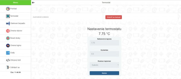 Nastavenie termostatu (cieľovej teploty) vo web rozhraní s hysterézou