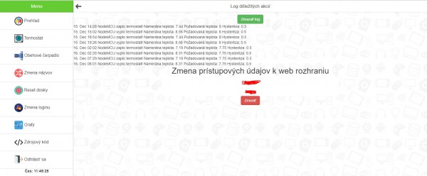 Log (obsahuje aj informácie o neplatnom pokuse o prihlásenie, s uloženou IP adresou a údajmi, ktoré používateľ zadal) - možnosť zmeny prihlasovacích údajov